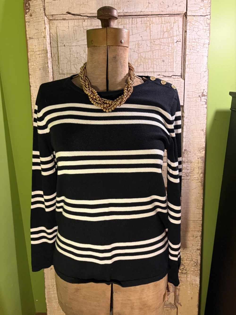 Jones New York Black and White Striped Crewneck Sweater